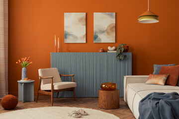 Design-forward living space with abstract wall art, modern accents and a blend of earthy and bold tones...