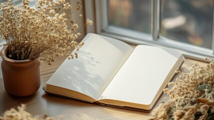 Literary Escape: An open book awaits, its blank pages beckoning readers to delve into a world of imagination, framed by a sun-drenched window and a touch of natural beauty.