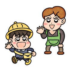 園児にお見送りをしている保育士