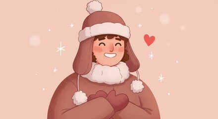 Happy Person in Winter Hat and Coat Warm Feeling Cozy Winter Illustration Love and Affection