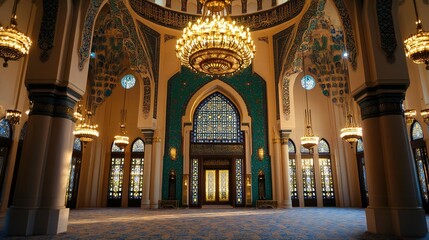 Fototapeta premium Interior view of a grand mosque showcasing opulent architecture and design