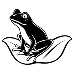 A vector silhouette of a frog sitting on a leaf, its legs tucked under its body, 