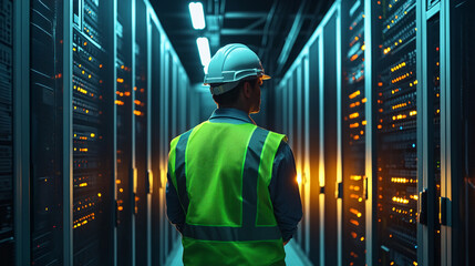 Technician in safety vest and hardhat, back view, standing in server room corridor, illuminated by glowing server racks, showcasing data center maintenance or technology concept
