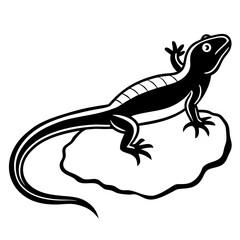 Obraz premium A vector silhouette of a lizard crawling on a rock, its tail stretched behind, centered on a white background