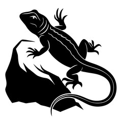 A vector silhouette of a lizard crawling on a rock, its tail stretched behind, centered on a white background