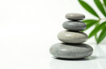 Fototapeta premium Balanced stack of smooth stones with green leaf on white background