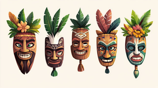 Cartoon tiki mask collection. Hawaiian tribal totem head decorated with leaves and feathers. Vector illustration set of african or polynesian traditional wooden face. Ancient culture ritual element.