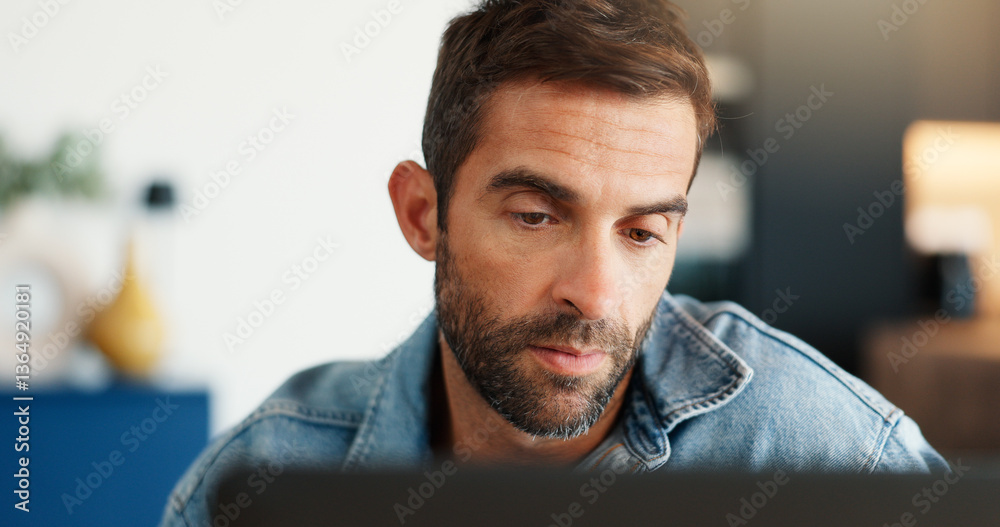 Poster Laptop, problem solving and remote work with man in home for online report or planning. Computer, email and freelance career with entrepreneur reading info in apartment for small business startup