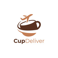 Cup coffee tea delivery logo design transport shipping with plane vector illustration template. Coffee tea beverage shipping logo. Suitable for courier, distributor, business, company, logistics.