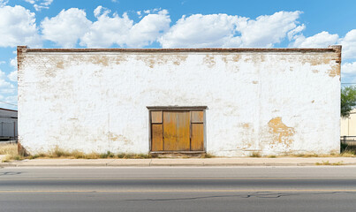 Obraz premium Abandoned white wall with wooden door, weathered texture, blue sky, clouds