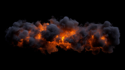 Clouds of black smoke with orange backlight from fire. Vector realistic set of dark fog streams, hot smog from burning flame, fiery smoke isolated on transparent background