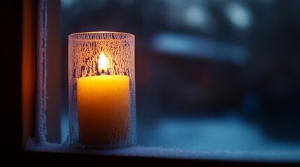 Glowing Candle on a Winter Night: A warm, inviting candle glows brightly, casting a soft, flickering light against a frosted windowpane on a cold winter night.