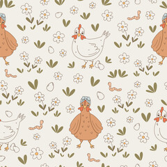 cute hand drawn cartoon hen and easter eggs in the meadow with daisy flowers seamless vector pattern background illustration