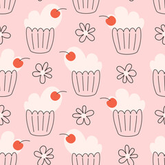 Cute hand drawn seamless vector pattern illustration with hand drawn cherry cupcakes and daisy flowers on pink background
