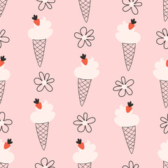 cute hand drawn ice cream and strawberries seamless vector pattern illustration on pink background