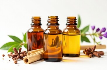 Aromatic essential oils with cinnamon and lavender on white background