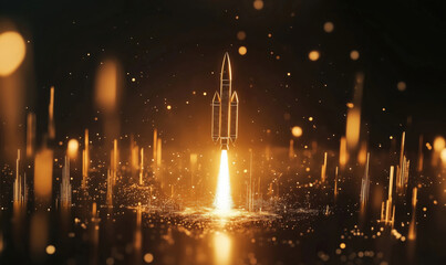 Fototapeta premium Rocket launch with golden sparks and light effects, dynamic scene showcasing rocket ascending, glowing particles, futuristic atmosphere