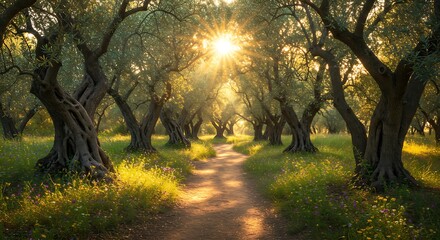 Obraz premium Walking Path Through Olive Grove with Sun Shining Through Trees