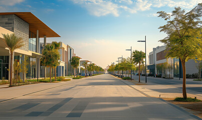 Modern urban street lined with palm trees and contemporary buildings, showcasing a serene atmosphere and clear skies.