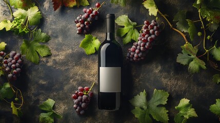 Elegant Wine Bottle with Blank Label and Grapes on Rustic Background