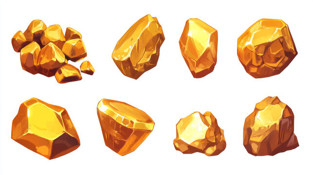 Gold nugget blocks of different shape. Cartoon vector game assets of golden ore. precious rocks for treasure and mine design. big jewel raw material pieces. Yellow shiny textured gemstone boulders.