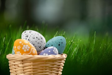 Colorful easter painted eggs in nest on grass