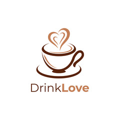 Cup coffee logo design heart love steam vector illustration. Love cup coffee with heart symbol vector. Coffee milk vanilla tea logo. Suitable for shop, store, coffee lovers, company, business.