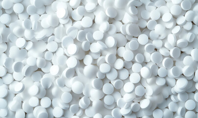 White pills scattered on surface, close-up view, various sizes and shapes, smooth texture, pharmaceutical background
