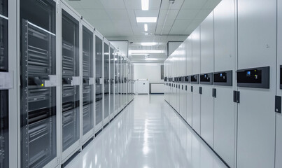 Obraz premium Data center with server racks and storage cabinets, modern technology environment, clean and organized space