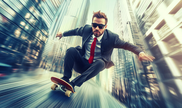 succesful businessman skates on the board through the city