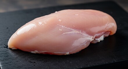 Raw chicken breast sits elegantly on dark slate subtly lit. AI Generated