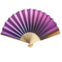 A purple paper folding hand fan, fully opened, with visible light brown wooden or bamboo ribs converging at a rounded base.


