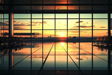 Fototapeta premium Airport terminal at sunset, empty waiting area, reflection on floor. Possible use Stock photo for travel brochures