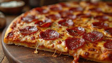 Close up of a piece of pepperoni pizza, on a wooden pizza paddle JPG by Generative A.I.