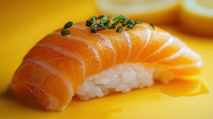 Fresh salmon nigiri on a plate