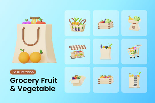 Grocery Fruit & Vegetable 3d Illustration