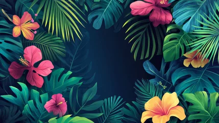 Selbstklebende Fototapeten Tropical leaves and vibrant flowers create lush border © wanna