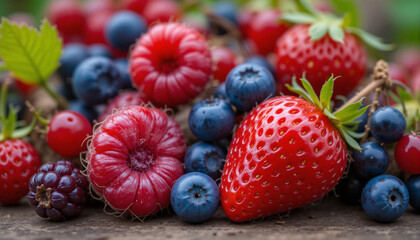 Obraz premium Assorted fresh berries including strawberries, blueberries, raspberries, and blackberries