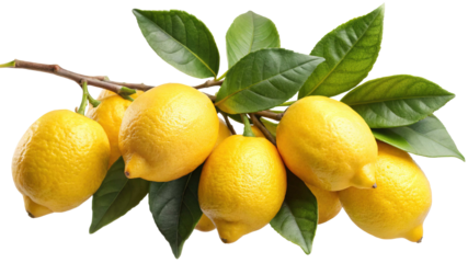 Freshly Picked Lemons on a Branch with Lush Green Leaves A Vibrant Cluster of Yellow Citrus Fruits