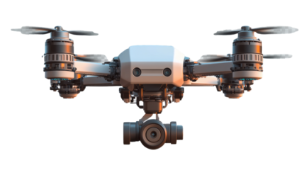 Unmanned Aerial Vehicle (UAV) Close-up: A detailed, eye-level shot of a modern drone, showcasing its propellers, camera, and sleek design against a clear background.