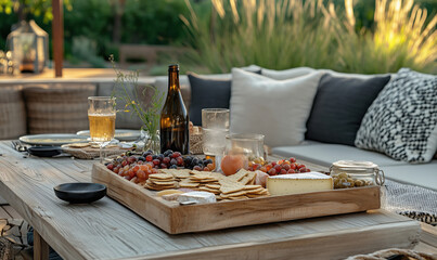 Cheese and charcuterie board with wine, fruits, and snacks, outdoor setting, cozy atmosphere
