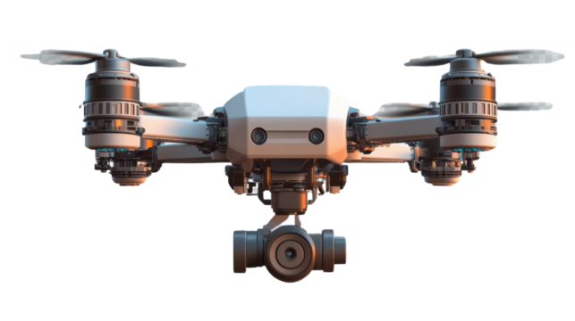 Unmanned Aerial Vehicle (UAV) Close-up: A detailed, eye-level shot of a modern drone, showcasing its propellers, camera, and sleek design against a clear background.