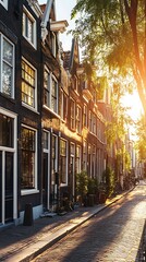 Fototapeta premium Dutch street at sunset, charming buildings, tranquil scene, perfect for wallpaper