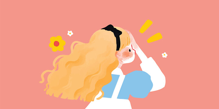 A portrait of a girl in a cartoon style, she wears a dress with long wavy hair, flowers float around her. She is looking at something, with one hand touching her forehead.