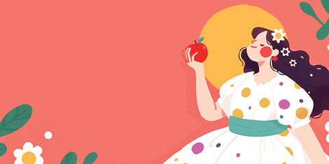 Fototapeta premium A whimsical illustration of a lady holding an apple, set against a soft coral backdrop, evoking feelings of purity and springtime delight.