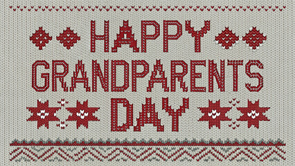 A warm knitted Happy Grandparents Day message with festive red lettering and charming snowflake accents on a cozy neutral background.