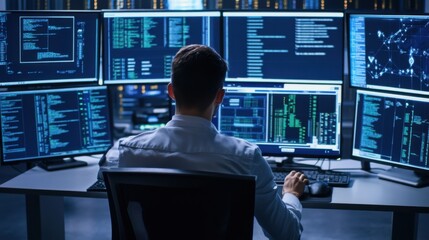 A cybersecurity analyst configuring firewalls, tech control room with multiple screens showing security systems and firewall interfaces, High-tech style