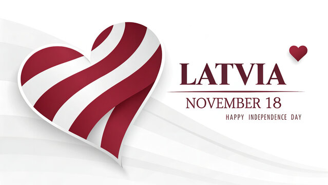 A Latvian heart celebrates independence day with swirling red and white stripes on a soft white background, November 18.