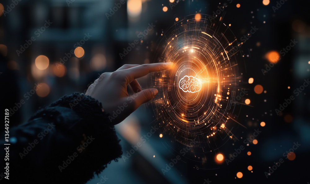 Poster digital interaction with artificial intelligence concept, hand reaching towards glowing brain symbol