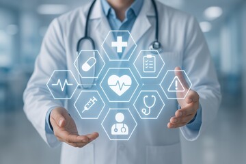 Healing Hands and Modern Medicine: A medical professional extends a helping hand, overlaying digital health symbols symbolizing wellness, advanced care, and a commitment to the patient's well-being.